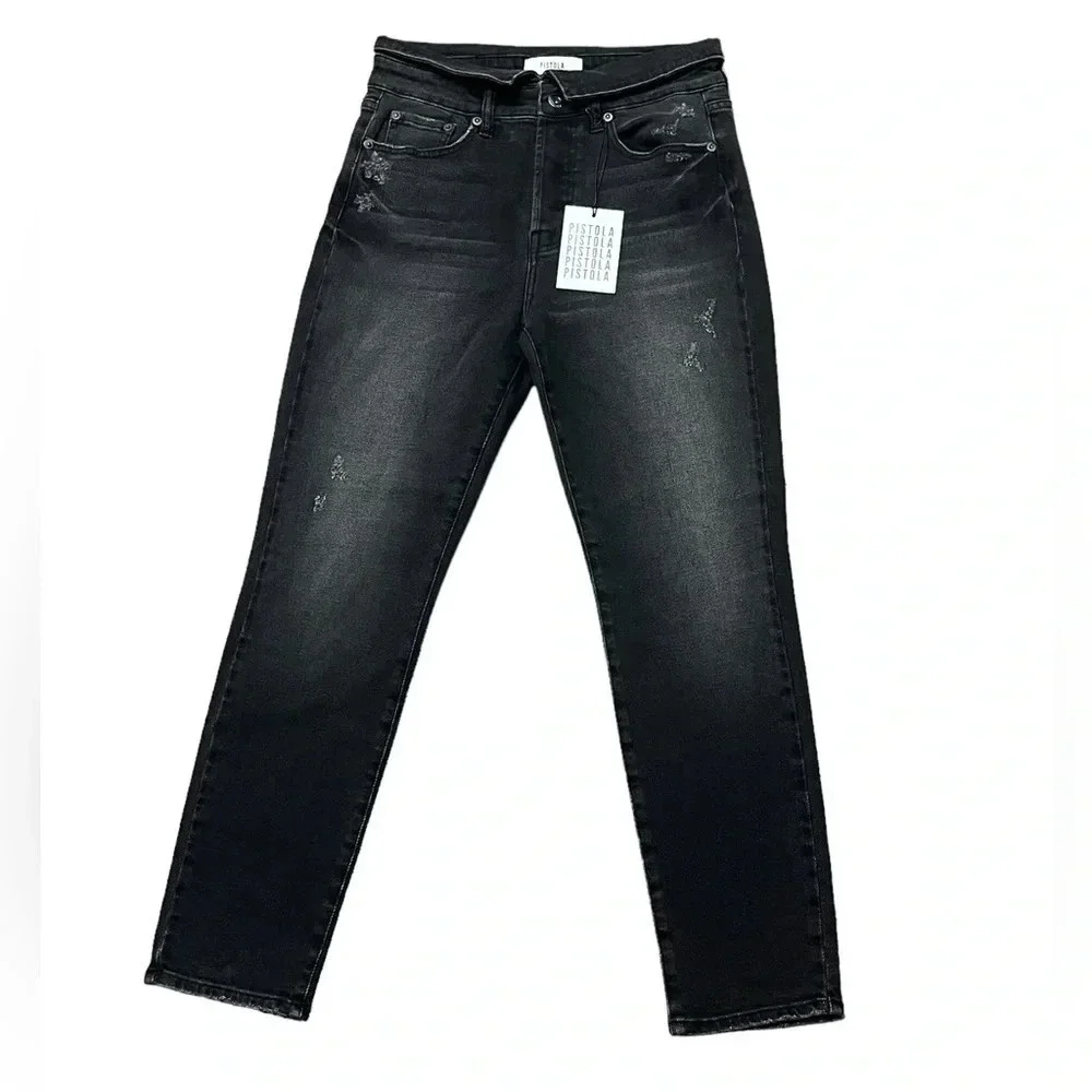 Pistola Nico High Rise Mom Jeans Black Shadow Wash Distressed Straight Leg 27x27